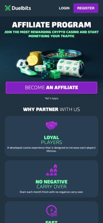 uelbits affiliate program landing page showing registration button, loyal players benefit, no negative carryover policy, and fast payouts for crypto casino affiliates