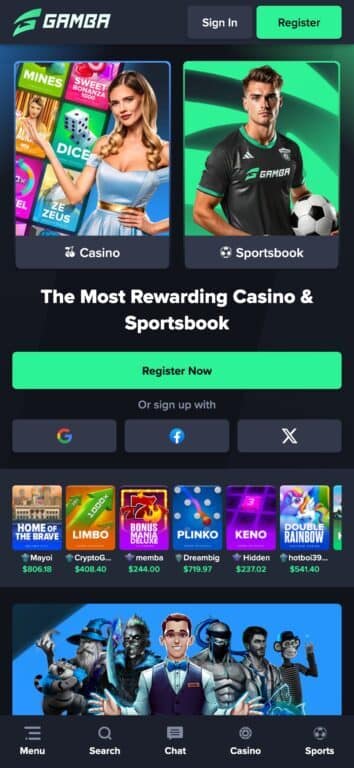 Gamba casino mobile homepage showing dual casino and sportsbook sections with registration options and game thumbnails