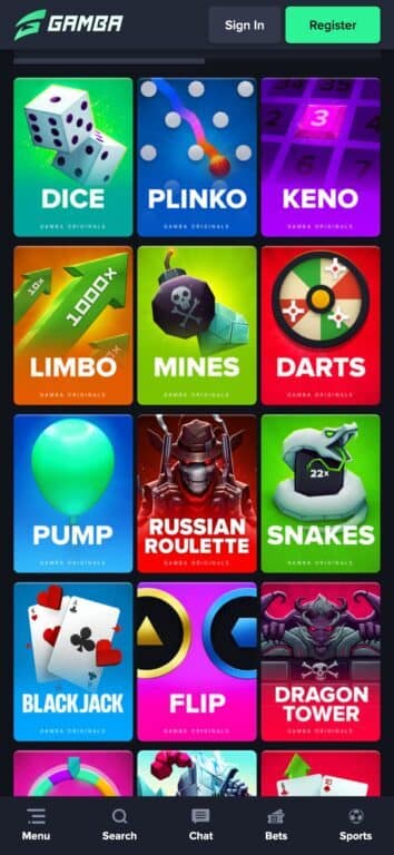 Grid display of Gamba Originals games including Dice, Plinko, Keno, Limbo, Mines, Darts, Pump, Russian Roulette, Snakes, Blackjack, Flip, and Dragon Tower