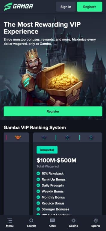 Gamba VIP program page featuring cartoon king character with treasure chest and Immortal tier requirements showing $100M-$500M total wagered