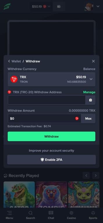 Gamba mobile withdrawal screen showing TRX cryptocurrency withdrawal form with balance, address field, amount input, and transaction fee estimate