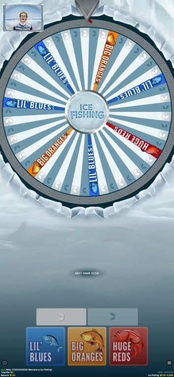 Ice Fishing Live game wheel showing all 53 segments including Lil' Blues, Big Oranges, and Huge Reds betting areas