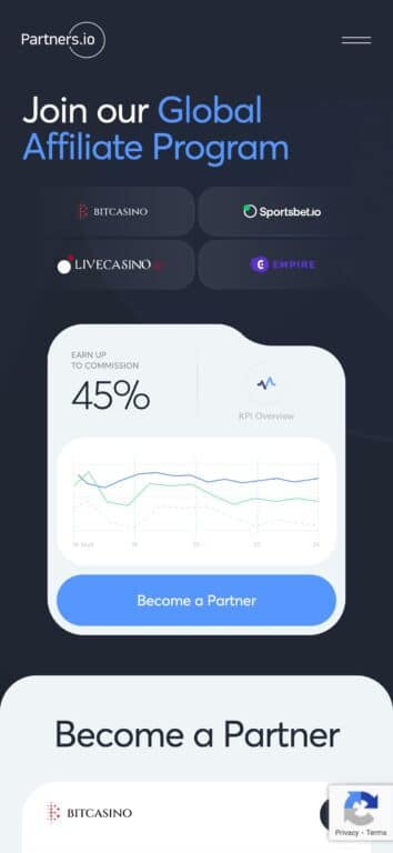 artners.io affiliate program homepage showing four gaming brand logos (Bitcasino, Sportsbet.io, Livecasino.io, Empire) with commission dashboard displaying 45% earning potential and performance analytics chart