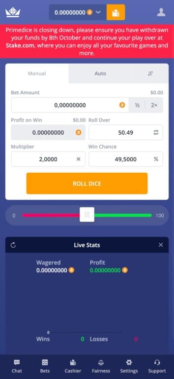 Original Primedice dice game interface showing closure banner announcing shutdown by October 8th with redirect to Stake.com