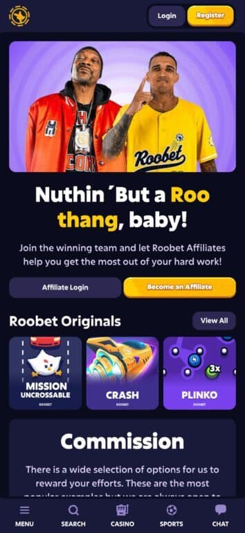 Roobet affiliate program homepage featuring Snoop Dogg and Charles Oliveira as brand ambassadors