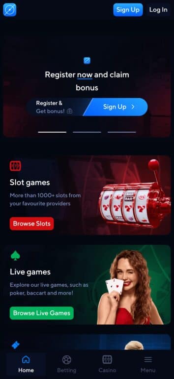 Screenshot of fraudulent casino homepage showing registration bonus trap and fake game offerings