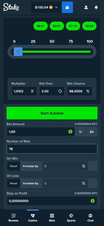 Stake.com autobet interface for dice game showing minimal risk settings to meet wagering requirements: 1.0102x multiplier, 2.00 roll over, 98% win chance, with 78 bets of 1.00 each and stop on profit settings configured