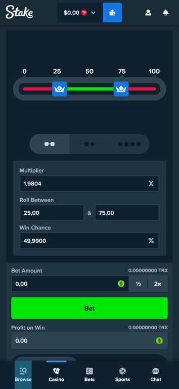 New Prime Dice game interface on Stake showing range betting feature with dual sliders and multiplier options replacing original Primedice