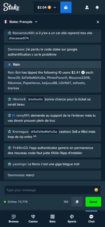 Screenshot of Stake.com chat showing Rain Bot announcement that 10 users received $2.41 each, with usernames listed and ongoing French chat conversation