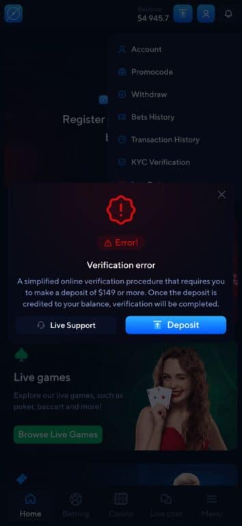 Error popup demanding $149 deposit to complete KYC verification