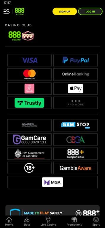 Screenshot of 888 Casino mobile app footer showing GamStop logo prominently displayed alongside other responsible gambling organizations including GamCare, Gambling Commission, and BeGambleAware