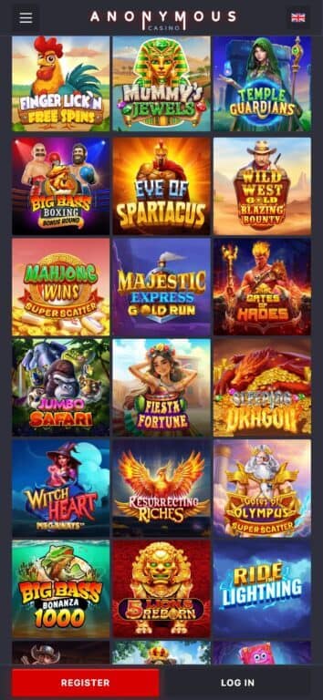 Anonymous Casino Pragmatic Play slots page displaying 18 game thumbnails including Gates of Olympus Super Scatter, Big Bass Bonanza 1000, Wild West Gold, and other popular titles with bonus buy features