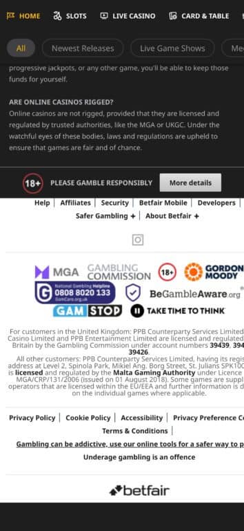 Betfair Casino footer showing GamStop self-exclusion registration, UKGC licensing under account 39439, and Malta Gaming Authority regulation details