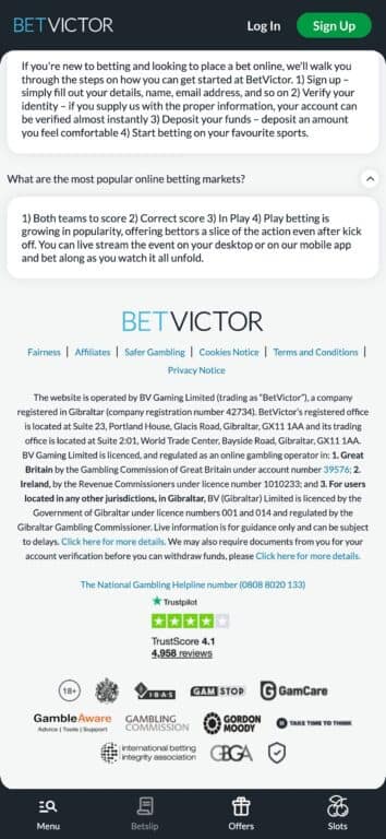 BetVictor website footer showing GamStop logo alongside other responsible gambling organizations including GambleAware, Gambling Commission, GamCare, and various regulatory certifications