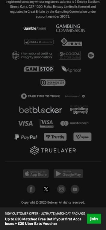 Betway Casino footer showing GamStop self-exclusion logo, UK Gambling Commission license 39372, and responsible gambling compliance certifications