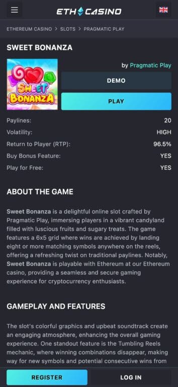 ETH Casino Sweet Bonanza slot game page showing game details