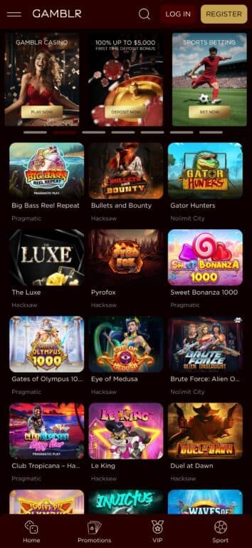 Gamblr casino homepage showing featured slot games from providers like Pragmatic Play, Hacksaw Gaming, and Nolimit City, with welcome bonus promotion and navigation menu