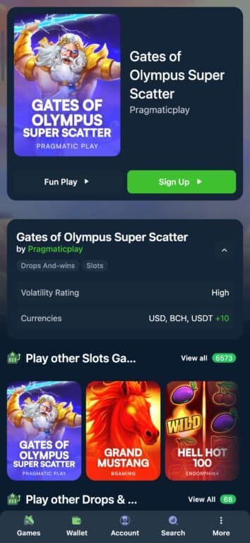 Gates of Olympus Super Scatter slot game interface showing Zeus character, game info with high volatility rating, cryptocurrency payment options, and related Pragmatic Play slots