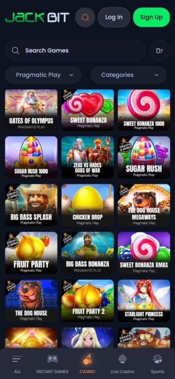 Jackbit Casino Pragmatic Play games interface showing 15 popular slots including Gates of Olympus, Sweet Bonanza variants, Sugar Rush, Big Bass series, and Dog House titles with Drops & Wins badges visible