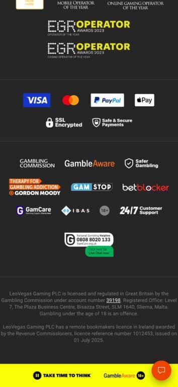 LeoVegas website footer showing GamStop integration, UK Gambling Commission license number 39198, responsible gambling tools including GamCare and National Gambling Helpline, plus industry awards and payment security features
