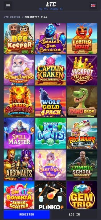 LTC Casino Pragmatic Play games selection showing 18 popular slot titles including Sweet Bonanza, Gates of Olympus, Big Bass, and Wolf Gold with colorful game artwork in a 3x6 grid layout