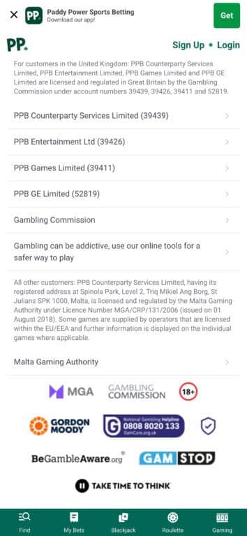 Screenshot of Paddy Power website footer showing GamStop logo and UK gambling license information for multiple PPB entities regulated by the Gambling Commission