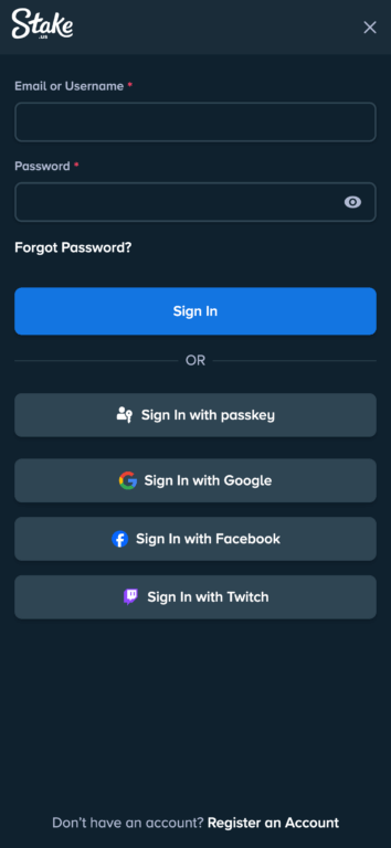 Stake.us login page showing email/username and password fields, along with social media login options including Google, Facebook, Twitch, and passkey authentication