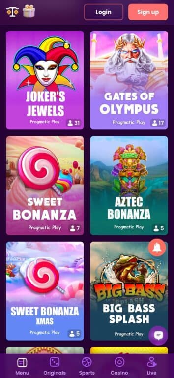 TrustDice Casino page showing 6 popular Pragmatic Play slots including Gates of Olympus with 17 active players, Sweet Bonanza with 7 players, Aztec Bonanza, and Big Bass Splash, with player count indicators