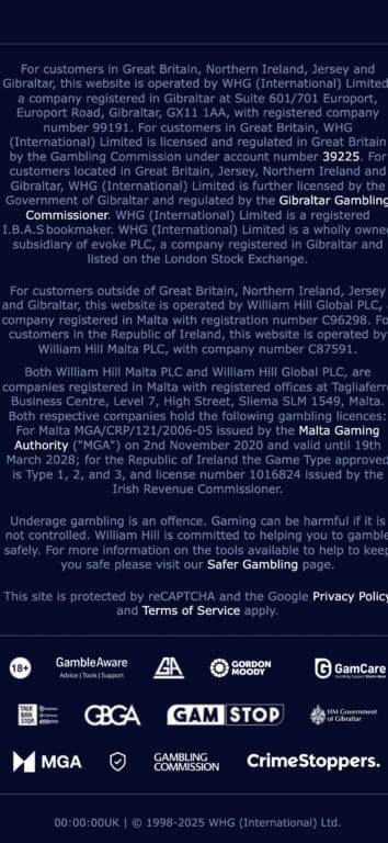 William Hill website footer showing regulatory information including UK Gambling Commission license number 39225, Gibraltar licensing details, and GamStop self-exclusion scheme logo alongside other responsible gambling organizations