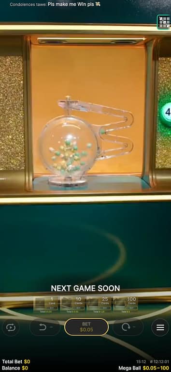 Mega Ball live game by Evolution showing the ball machine and card buying interface between rounds