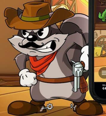 Smokey the raccoon character in Wild West outlaw costume with brown cowboy hat, gray vest, red bandana, and gun holster for Le Cowboy slot game