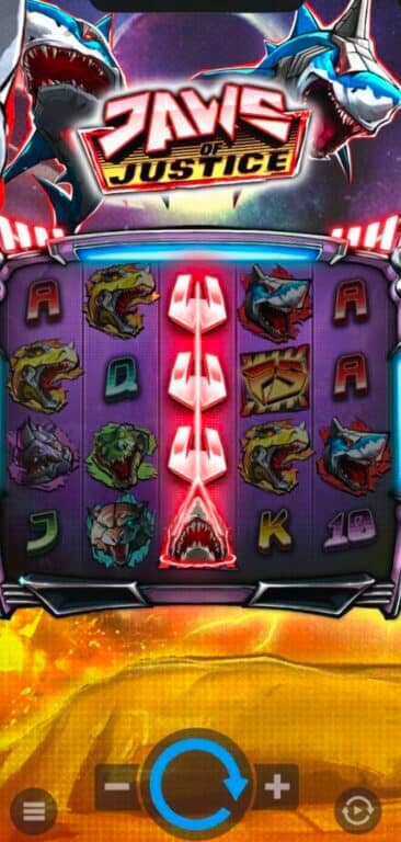 Jaws of Justice slot game mobile screenshot showing 5x4 grid with laser beam mechanics, mechanical shark symbols including T-Rex and robotic sharks, and laser fence features