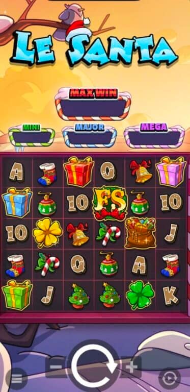 Le Santa slot game mobile screenshot showing 6x5 grid with cluster pays mechanics, Christmas-themed symbols, MINI MAJOR MEGA jackpots, and holiday gift collection features