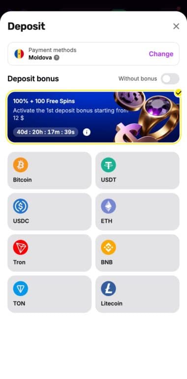 Mellstroy Casino deposit screen showing cryptocurrency payment options including Bitcoin, USDT, USDC, ETH, Tron, BNB, TON, and Litecoin, with 100% plus 100 free spins first deposit bonus banner