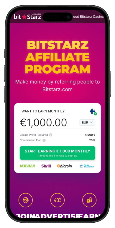 BitStarz Affiliate Partner Program official homepage screenshot showing the partnership dashboard, commission structure, and promotional tools for casino affiliates.