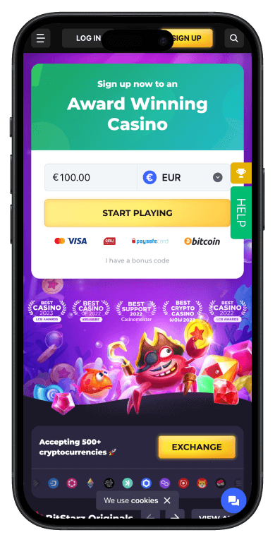 BitStarz Casino official homepage screenshot featuring game selection, welcome bonuses, cryptocurrency payment options, and live dealer section.