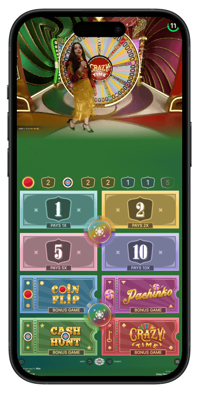 Evolution Gaming Crazy Time featuring giant colorful money wheel with 54 segments, four bonus games icons (Coin Flip, Cash Hunt, Pachinko, Crazy Time), energetic host, and vibrant studio environment