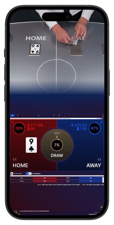 Evolution Gaming Football Studio with soccer-themed table layout showing Home and Away betting positions, professional dealer in sports presenter style, and live match data display