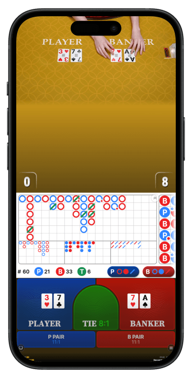 Evolution Gaming Live Baccarat table with professional dealer showing Player and Banker positions, betting interface, and real-time statistics display
