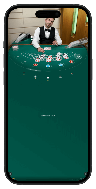 Evolution Gaming Live Blackjack table featuring professional dealer, multiple player seats, betting interface with chip selections, and card display showing hands in play