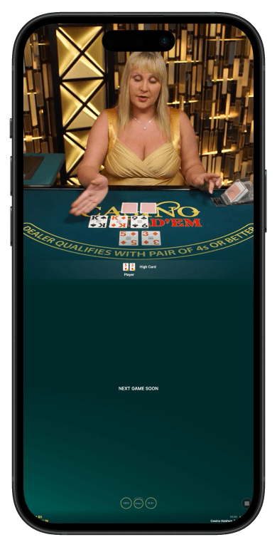 Evolution Gaming Live Casino Hold'em table with professional dealer, player and community cards layout, ante and call betting areas, and bonus bet option for AA side bet