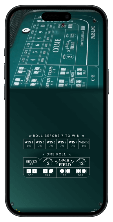 Evolution Gaming Live Craps table with professional dealers, dice throwing area, comprehensive betting layout showing pass line, come bets, and odds sections