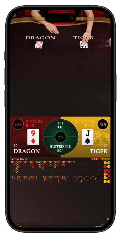 Evolution Gaming Live Dragon Tiger table showing Dragon and Tiger betting positions, professional dealer, and simple card display area with golden Asian-themed decorative elements