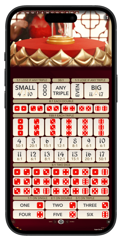 Evolution Gaming Super Sic Bo table with three dice in clear dome shaker, advanced betting layout with random multipliers highlighted in blue and yellow, showing potential payouts up to 1000x