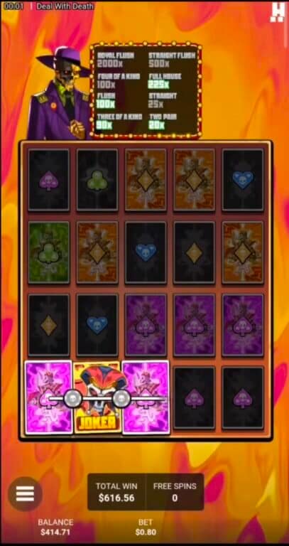 Gameplay during Deal With Death's FOOL'S GOLD Hidden Epic Bonus showing the grid in Poker Mode with playing cards across all four rows and the JOKER symbol visible in row three, with the Poker Hand paytable displayed showing Royal Flush at 2000x and 9 free spins remaining