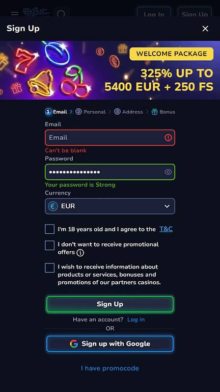 7BitCasino Registration Screen