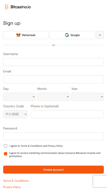 Bitcasino Registration Screen