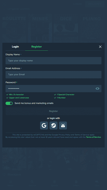 Duelbits Casino Registration Screen
