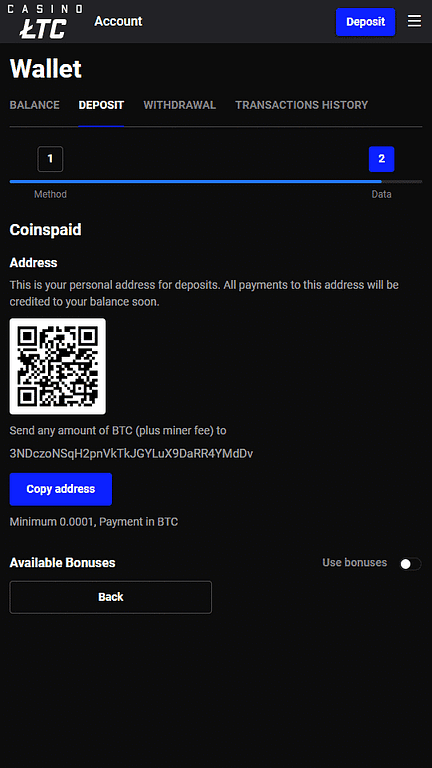 LTC Casino Deposits Section