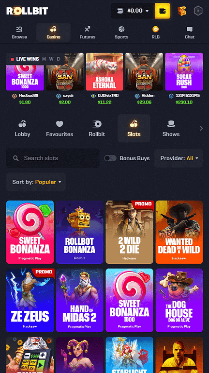 Slots Section on Rollbit